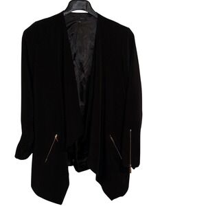 Love Posh Women's L Black Draped Waterfall Open Front Blazer Gold Zip Cuffs Chic